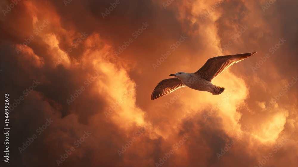 Fototapeta premium Seagull in flight against dramatic sky representing freedom and adventure