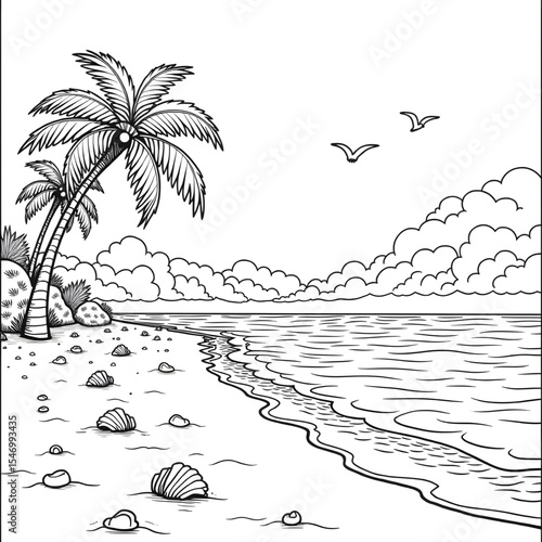 beach with palm trees coloring page line art