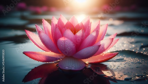 Macro shot of lotus blooming in sun with vivid pink petals, water beads, and still pond background in summer