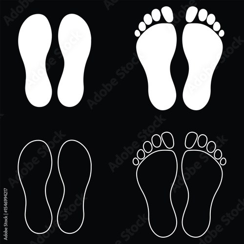 Human foot and shoe print icons. Vector illustration. isolated on black background. EPS 10 