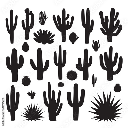 Collection of black cactus silhouettes desert plants