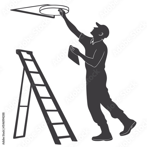Silhouette of a man installing a light fixture eps