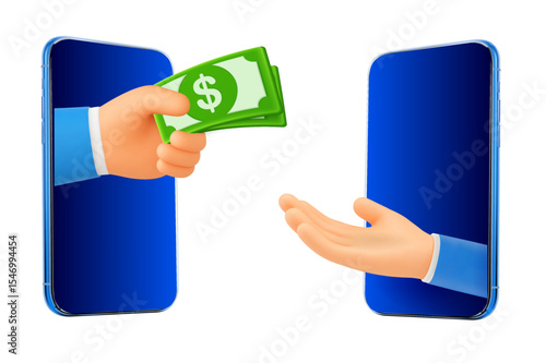 3D cartoon hand from a smartphone passes dollars to another hand, isolated on white background. Payment with cash icon concept in 3d vector. Vector illustration