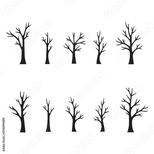 Ten bare tree silhouettes in varying sizes for design