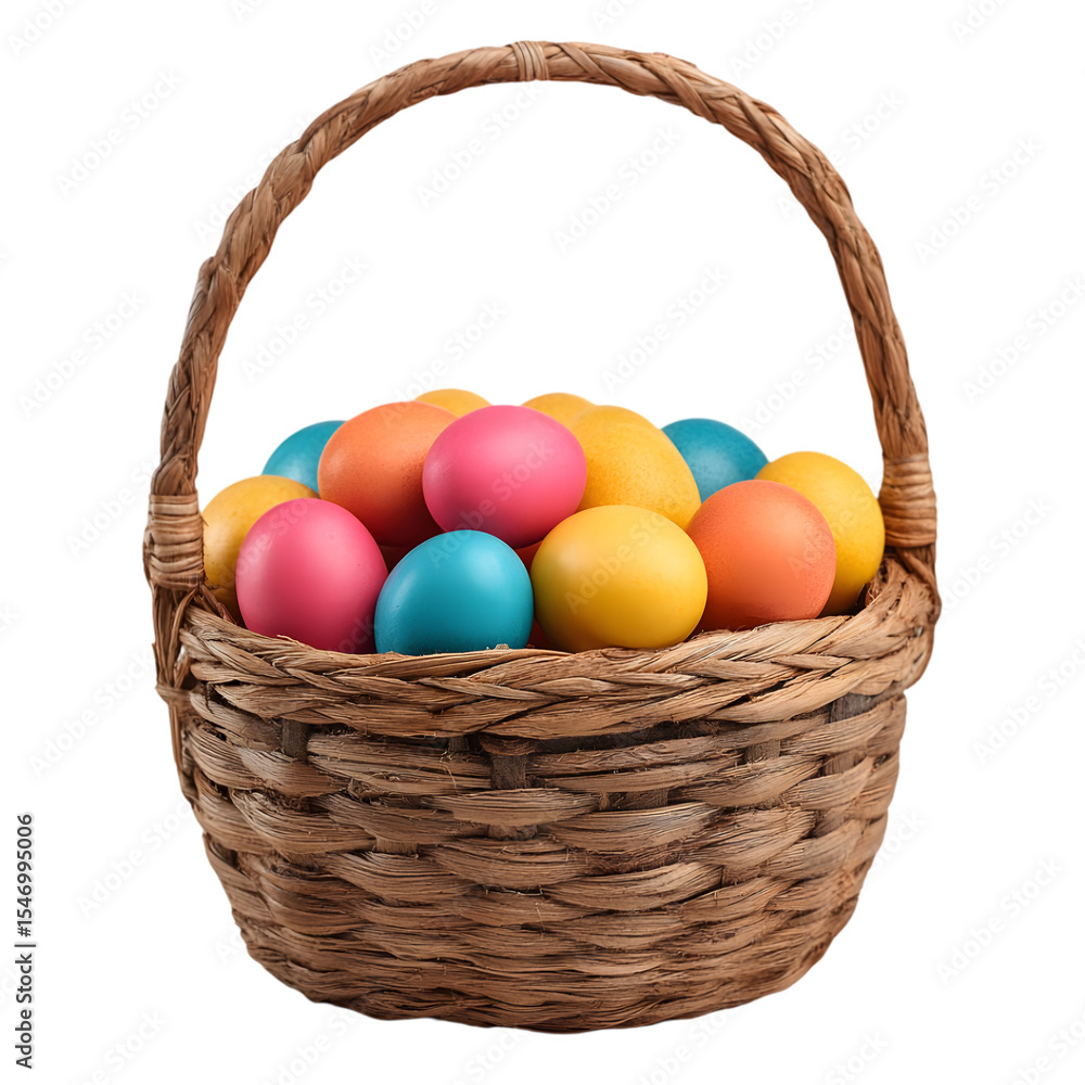 Naklejka premium Colorful Easter eggs in a wicker basket against a transparent background