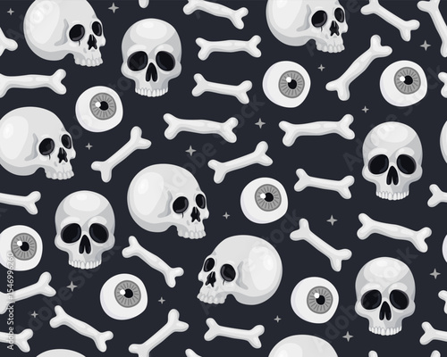 Halloween seamless pattern. Halloween illustration, skulls, bones and eyes on a black background. Design for wrapping paper, print.