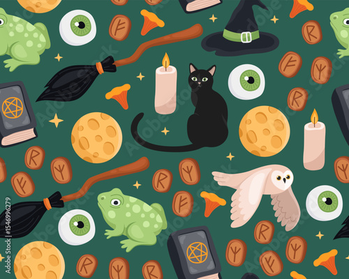 Halloween seamless pattern. Magic halloween illustration on a dark green background. Witch's broom, hat, black cat, owl, frog, candle, moon, rune, book. Design for wrapping paper, print.