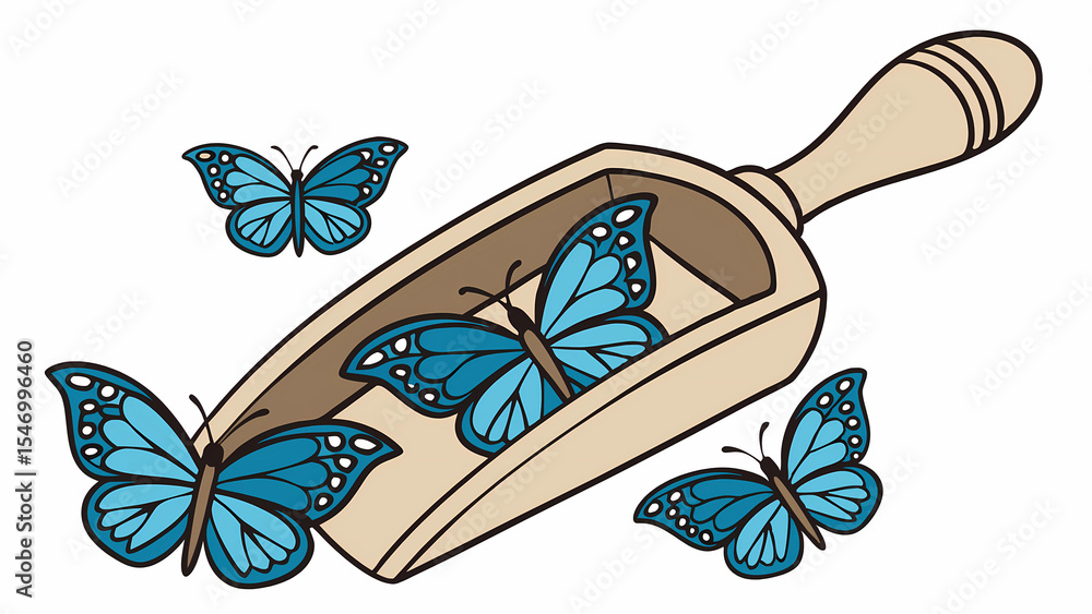 Naklejka premium Illustration of blue butterflies in a wooden scoop for nature lovers and butterfly enthusiasts art work