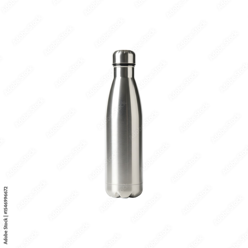Metallic stainless steel water bottle with screw cap for hydration on white Metallic stainless steel water bottle with screw cap for hydration on white
