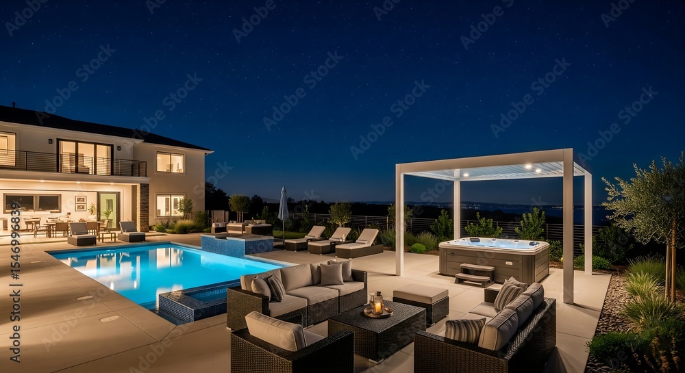 Fototapeta premium Luxury backyard at dusk. Features a swimming pool, hot tub under a pergola, patio furniture, and a two-story house. Landscape lighting adds to the ambiance.