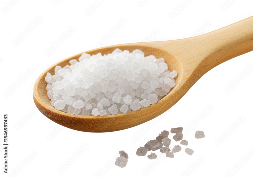 Sea salt crystals in wooden spoon isolated on transparent background Sea salt crystals in wooden spoon isolated on transparent background