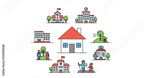 Seamless vector design of community buildings featuring schools houses and local businesses