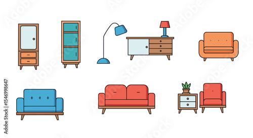 Colorful living room furniture vector design collection decorative elements home decor set