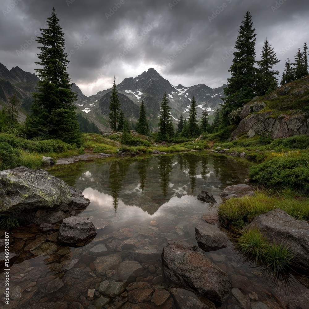 Obraz premium Serene Alpine Meadow Mountain Lake Reflection Dramatic Sky