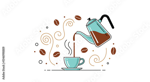 Delightful coffee time vector illustration showing fresh brewed coffee pouring into cup
