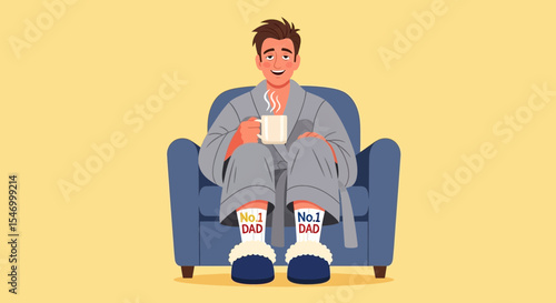 Father's day illustration of best dad relaxing in armchair with coffee and no one dad socks for fathers day gift vector