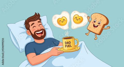 Father's day happy father's day breakfast in bed with dad fuel coffee eggs and toast cartoon illustration design vector
