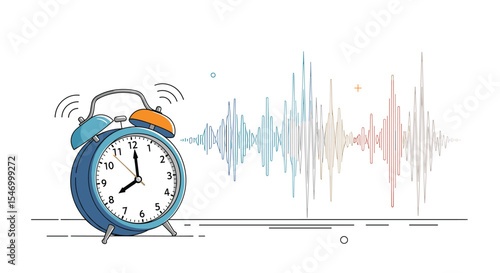 A ringing alarm clock with sound waves is the start of the day