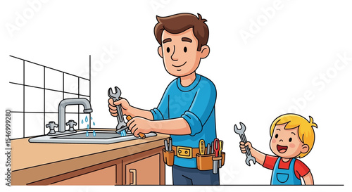 Father's day cartoon plumber father and son fixing a leaky faucet repair plumbing home improvement diy project together at home vector