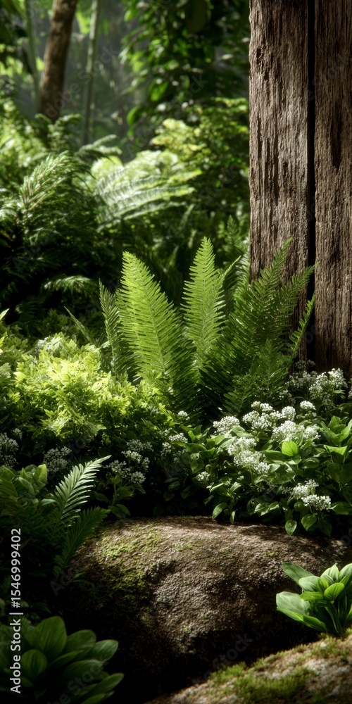 Naklejka premium Lush Green Tropical Foliage Ferns Plants Forest Nature Background