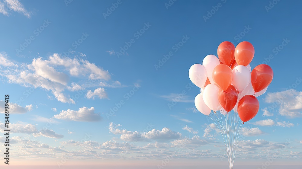 Fototapeta premium Festive Red White Balloons Floating in Blue Sky