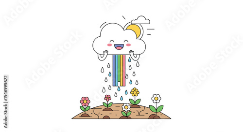 Happy cloud raining rainbow on flowers vector illustration optimistic and cute design