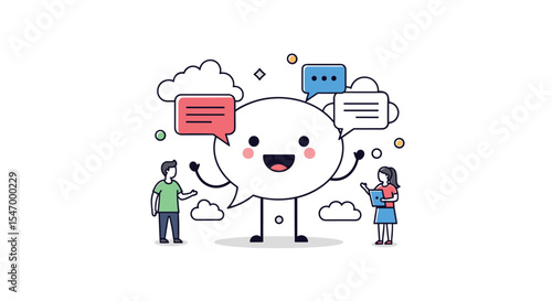 People sharing ideas and talking with cute character and speech bubbles with clouds