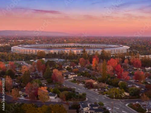 Apple Park, Apple's corporate headquarters, stands out in Santa Clara, California, USA. The circular building is surrounded by colorful autumn trees.