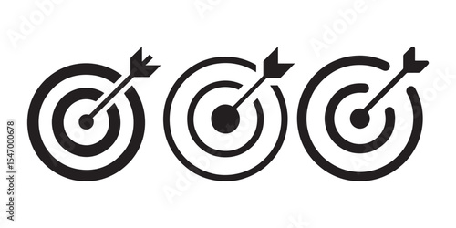 Bullseye Accuracy Icons – Black and White Target with Arrow Vector Set