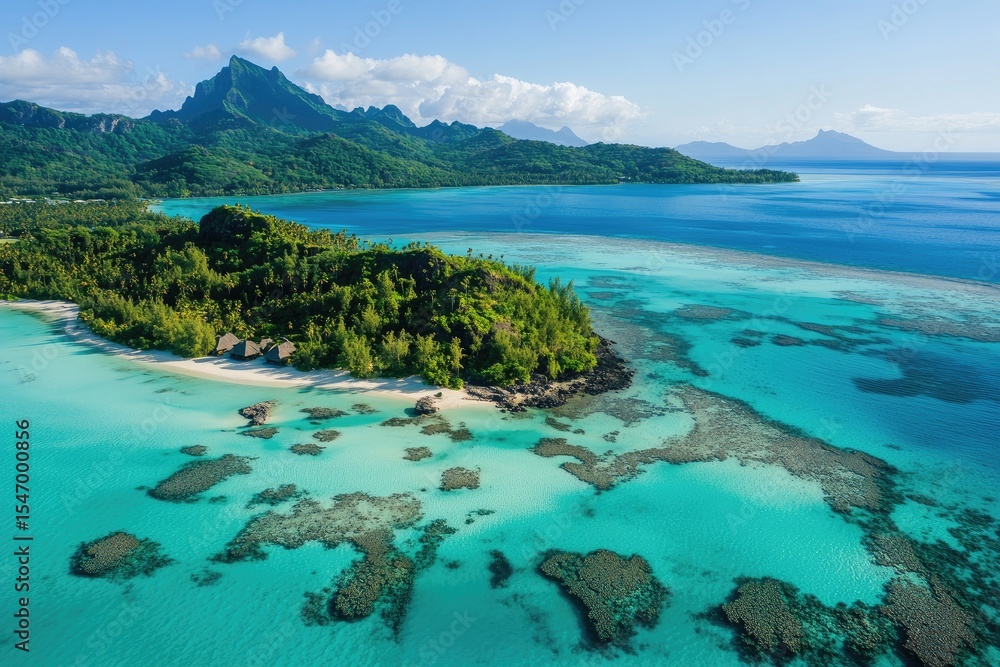 Fototapeta premium Aerial view of a tropical island paradise with pristine beaches, lush greenery, and vibrant turquoise waters surrounding a coral reef