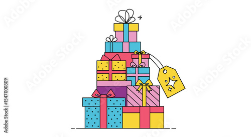 A colorful tower of gift boxes stacked high vector graphic design