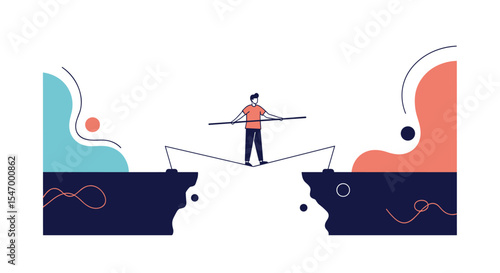 A person balanced on a rope between two cliffs in vector design concept