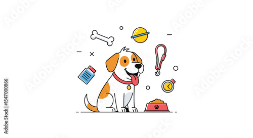 Happy puppy's day out a vector illustration of pets accessories and playful dog