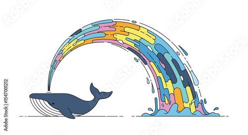 Whale spouting rainbow colored water artistic vector graphic design with style