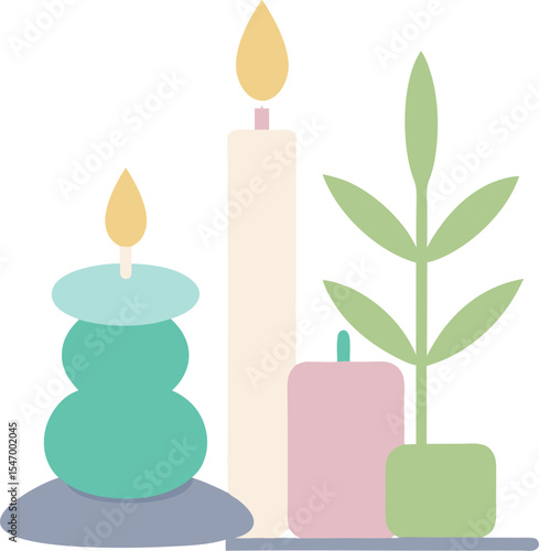 Wellness spa icons, candles, stones, bamboo in soothing pastel palette with white background.