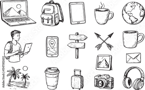 This black and white hand-drawn illustration features travel-themed icons including a laptop, backpack, tablet, coffee cups, globe, signpost, camera, headphones, suitcase, map, and a traveler, perfect