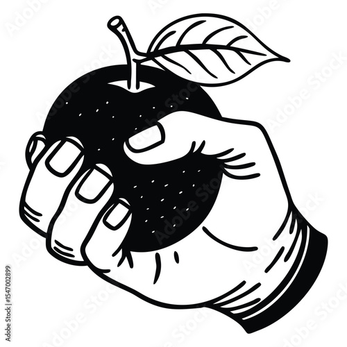 Black and white illustration featuring a bold, cartoon style hand gripping a mandarin orange.
