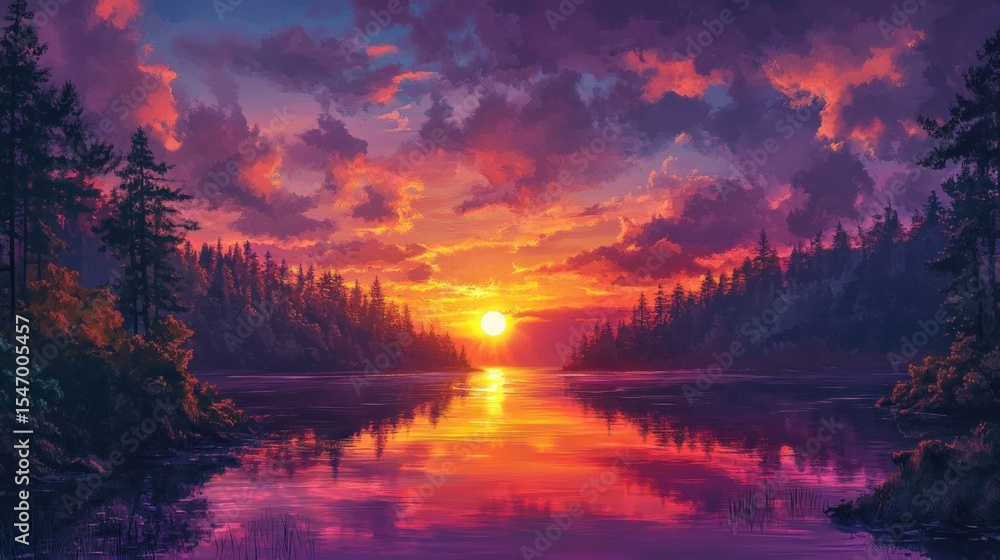 Obraz premium Sunset over a serene lake, vibrant colors