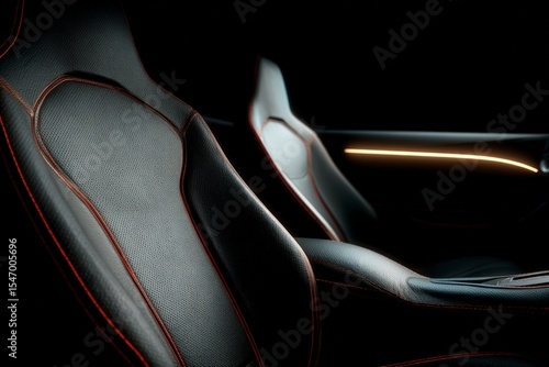 Luxurious Car Interior  Black Leather Seats  Red Stitching  Cinematic Lighting