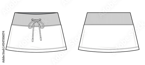 Drawstring Mini Skirt Technical Fashion Illustration. A-Line Skirt with Ribbed Waistband Vector Template. Front and Back View. Comfortable Fit. Women’s Casualwear. CAD Mockup.