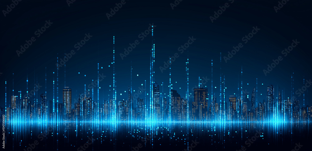 Against a dark background, blue light bands span the frame, with city outlines looming, creating a tech - futuristic urban night scene. Against a dark background, blue light bands span the frame, with city outlines looming, creating a tech - futuristic urban night scene.