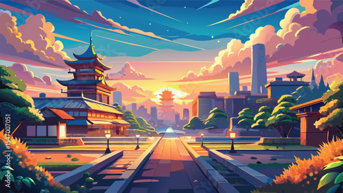 Modern Cityscape Vector Background at Sunset. Urban Skyline Scene with Skyscrapers and Buildings. Panoramic City View for Banner or Wallpaper