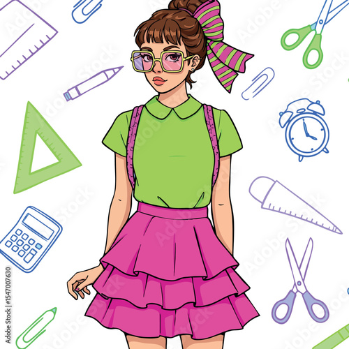 Teen girl wearing green shirt and pink skirt surrounded by school supplies vector illustration