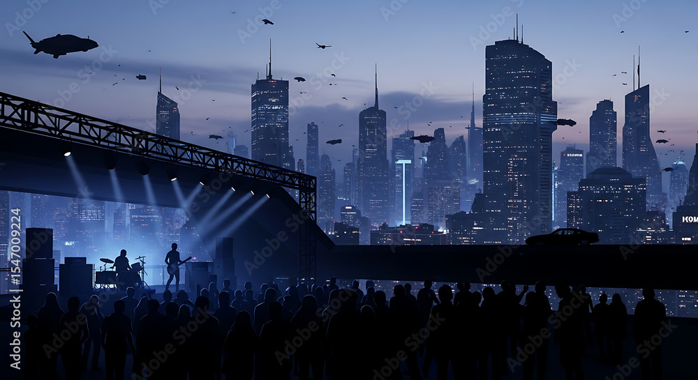 Obraz premium Futuristic Cityscape Concert Neon Lights, Silhouetted Crowd, and Flying Vehicles