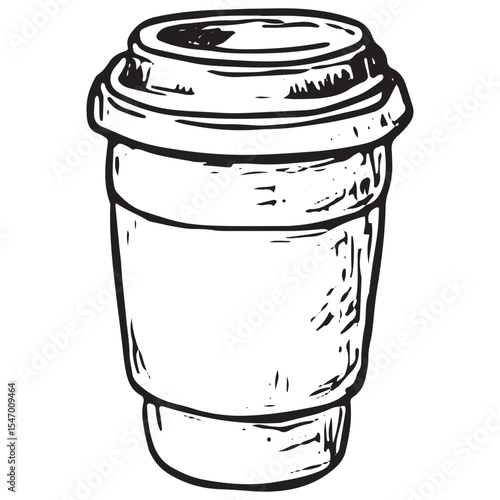 Hand-drawn black and white takeaway coffee cup, ideal for on-the-go travel, road trips, or cafe art
