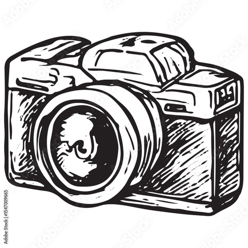 Black and white hand-drawn camera, suited for photography, travel memories, or adventure storytelling