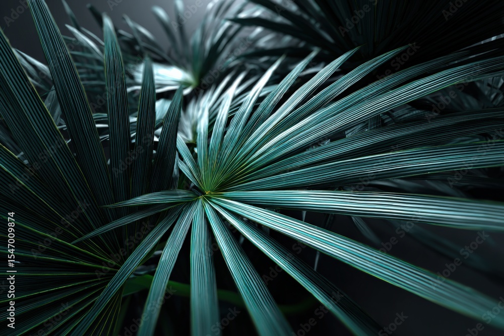 Fototapeta premium Lush green tropical palm leaves with detailed textures and natural lighting in a vibrant indoor garden scene, perfect for botanical and nature themes