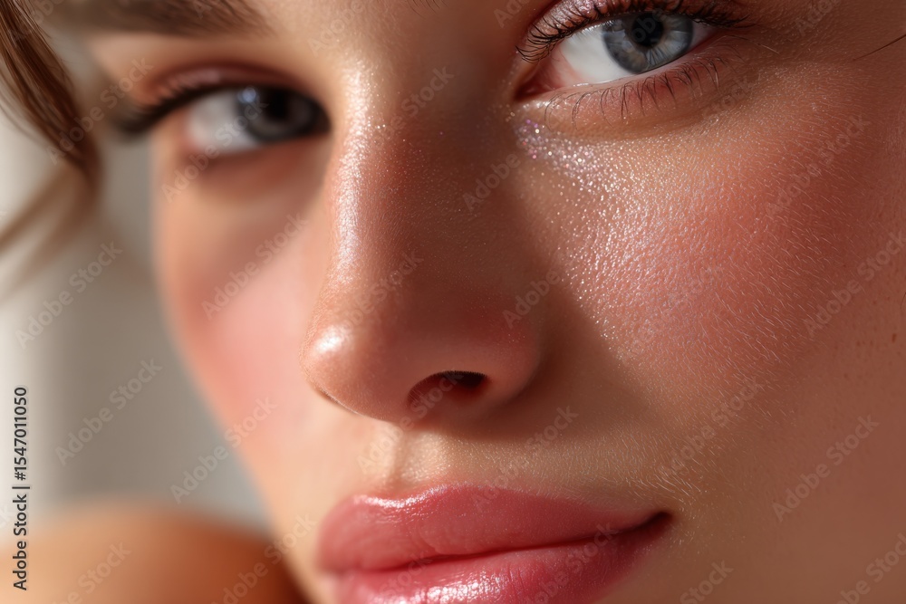 Naklejka premium Close-up of a young woman's face with glowing skin and clear blue eyes, natural makeup, soft lighting, detailed facial features, intimate portrait