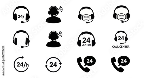 24/7 Call Center Icons: A collection of modern minimalist icons, depicting customer support. These clean icons are perfect for any business-oriented design.