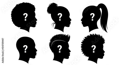 Silhouette Mystery: Question mark adorns diverse people's head silhouettes, creating intrigue and curiosity.